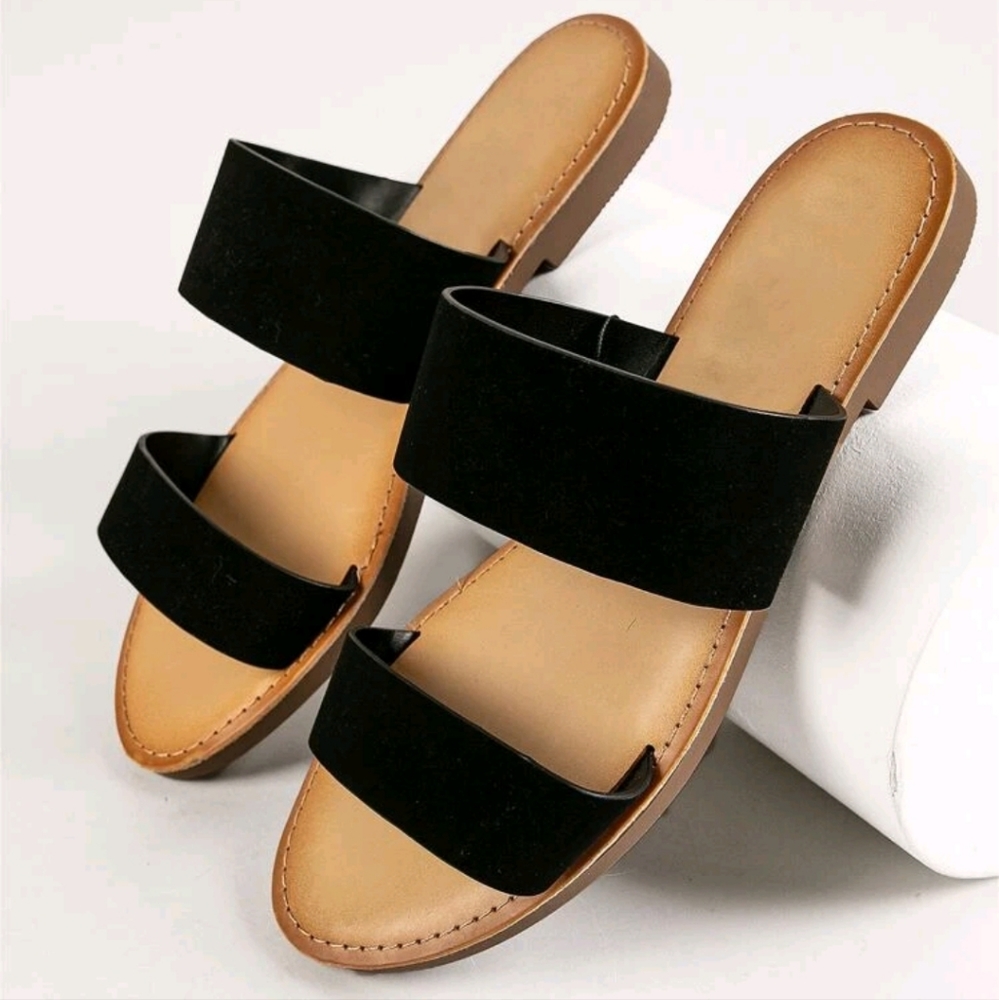 Faux Leather Dual Vamp Wide Fit Slides